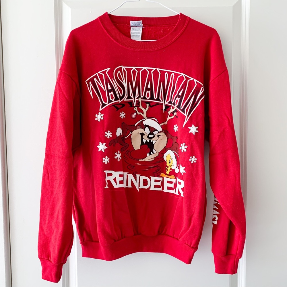 Vintage 1996 Looney Tunes Tasmanian Devil Reindeer Merry Christmas Sweatshirt